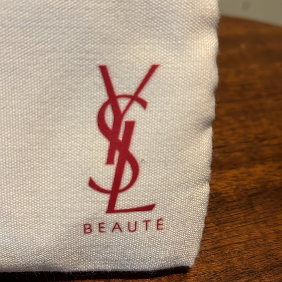 YSL Beaute Wristlet  cosmetic case/pouch fabric  Ivory cream/red trim & logo NWO - Picture 4 of 13